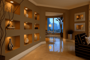 Corredor decorado com nichos de gesso em Uberlândia, iluminação embutida e acabamento sofisticado