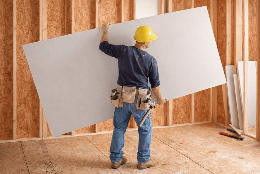 Paredes de gesso em Uberlândia com instalação profissional, mostrando trabalhador fixando placa de gesso em ambiente interno em obra residencial.