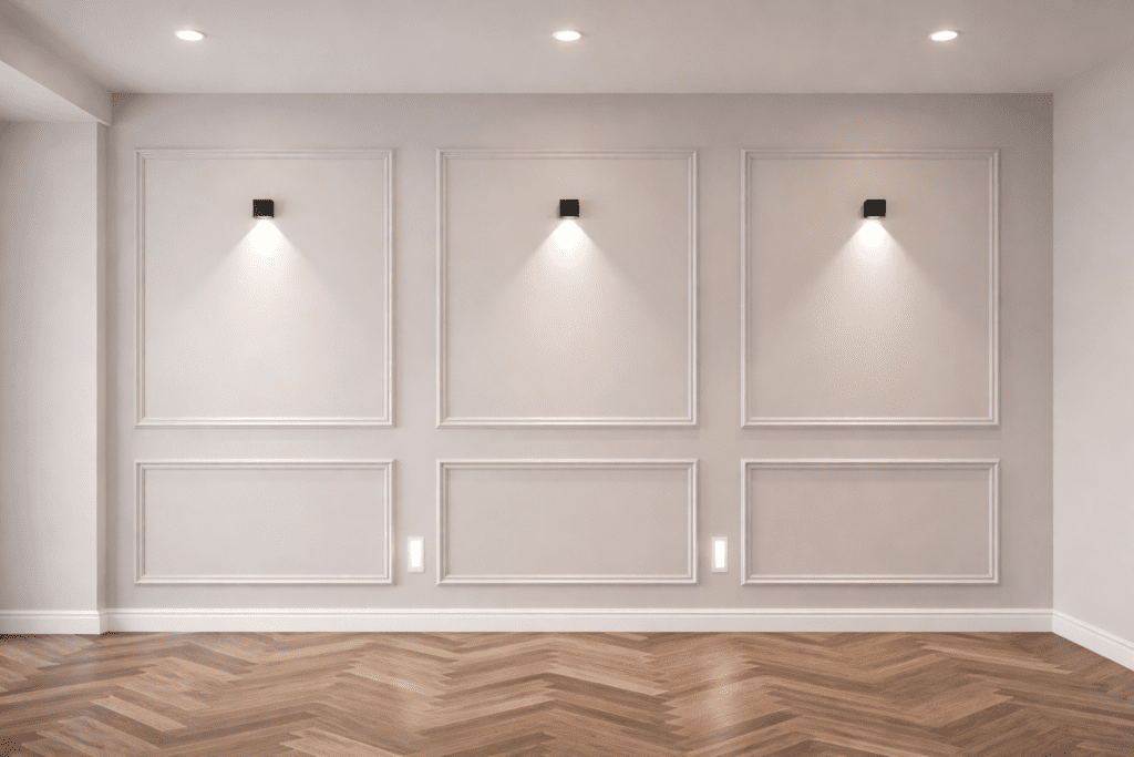 Paredes de gesso em Uberlândia com acabamento decorativo, painéis moldurados e iluminação embutida em ambiente interno moderno.