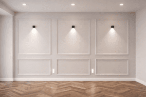 Paredes de gesso em Uberlândia com acabamento decorativo, painéis moldurados e iluminação embutida em ambiente interno moderno.