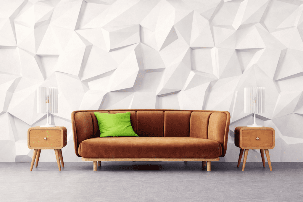 Sala de estar com placas 3D de gesso em Uberlândia, parede decorativa com relevo geométrico e acabamento moderno