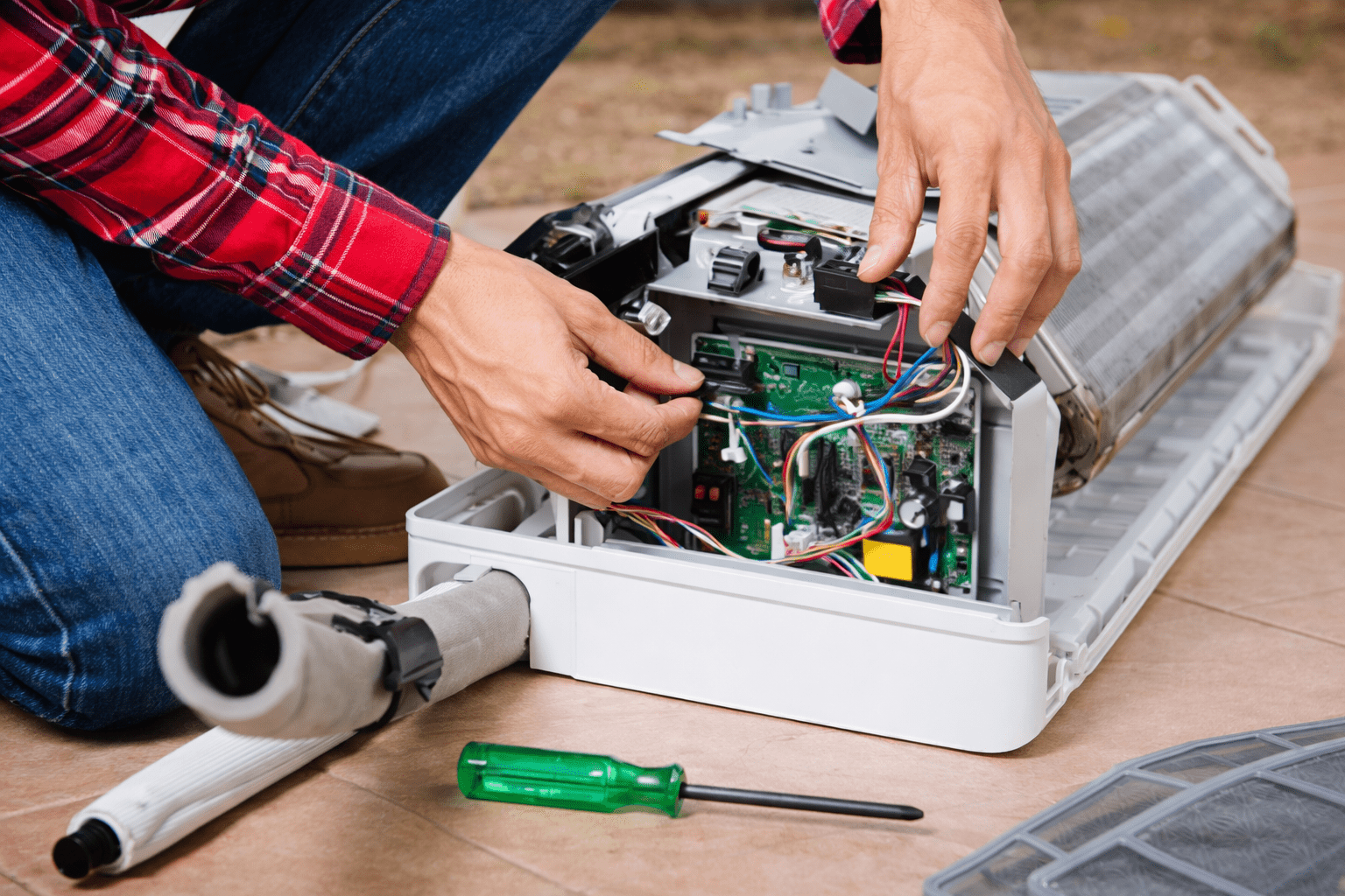Técnico realizando Conserto de Ar Condicionado Residencial em São Paulo, ajustando componentes eletrônicos internos durante o reparo do equipamento.