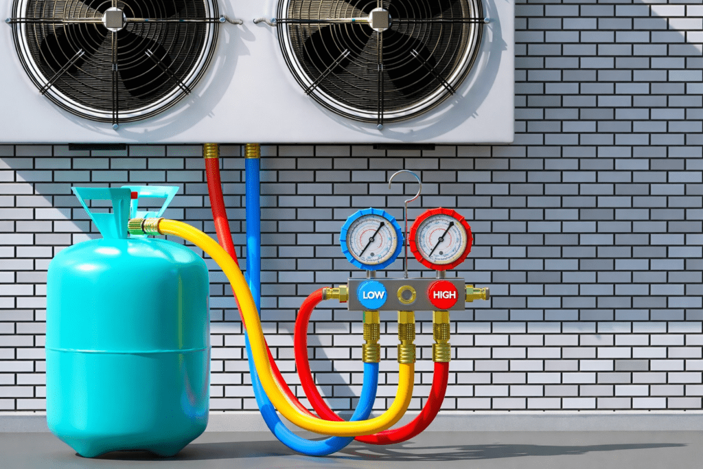 Técnico realizando Recarga de Gás de Ar Condicionado em São Paulo, utilizando manifold e cilindro para ajuste da pressão do sistema.