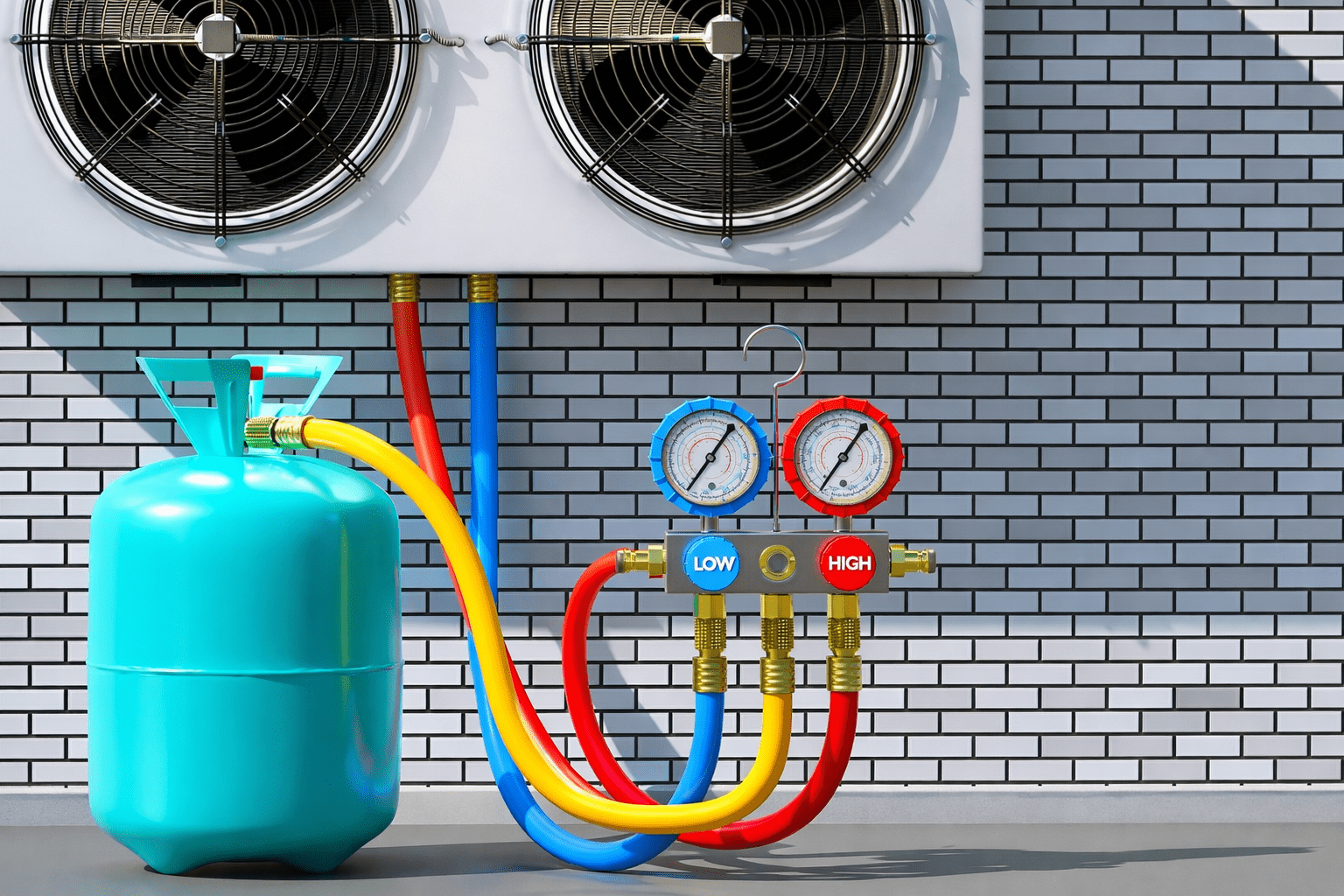 Técnico realizando Recarga de Gás de Ar Condicionado em São Paulo, utilizando manifold e cilindro para ajuste da pressão do sistema.