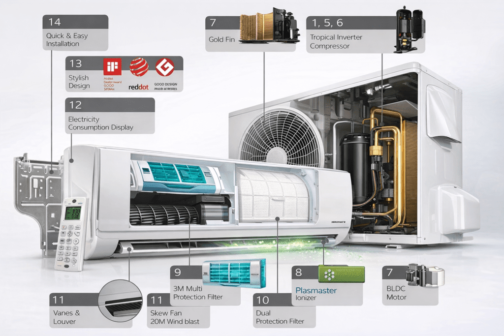 Técnico realizando Substituição de Peças de Ar Condicionado em São Paulo, efetuando a troca de componentes internos durante o reparo do equipamento.